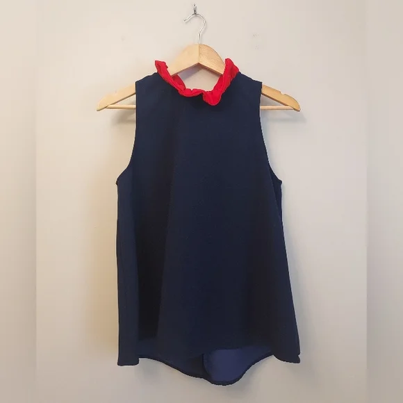 Tuckernuck Pomander Place Mason Navy Blue Red Ruffle Tie Blouse Size Medium - Picture 3 of 12